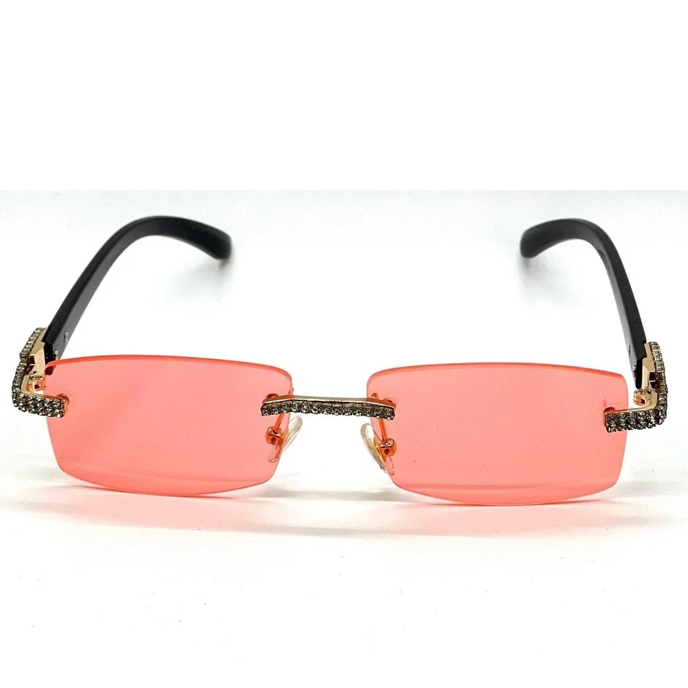 Rhinestone Rimless Sunglasses Fashion Pink Lens Party Shades Hip Hop Street Wear